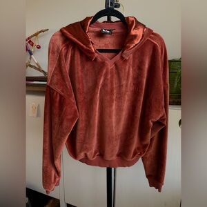 Kin Apparel Sz M Satin Lined Hood Hoodie Cropped Velour Cognac Brown Sweatshirt
